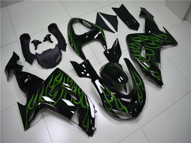 Discount 2006-2007 Glossy Black Green Flame Kawasaki ZX10R Motorcycle Fairings Canada