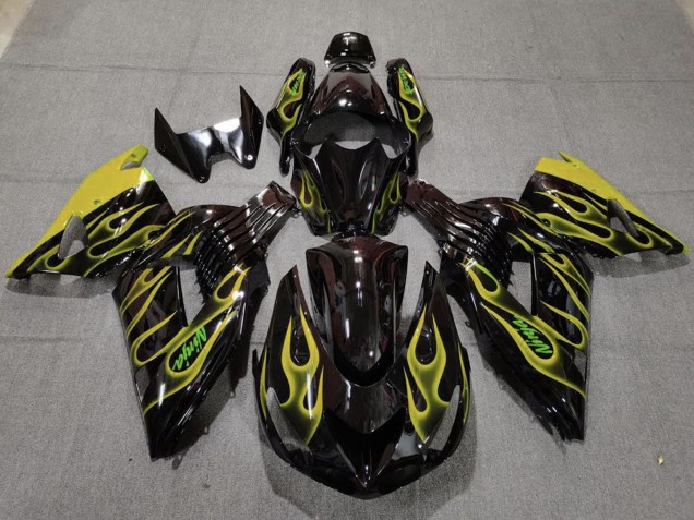 Discount 2006-2011 Glossy Black Yellow Flame Kawasaki ZX14R Motorcycle Fairings Canada